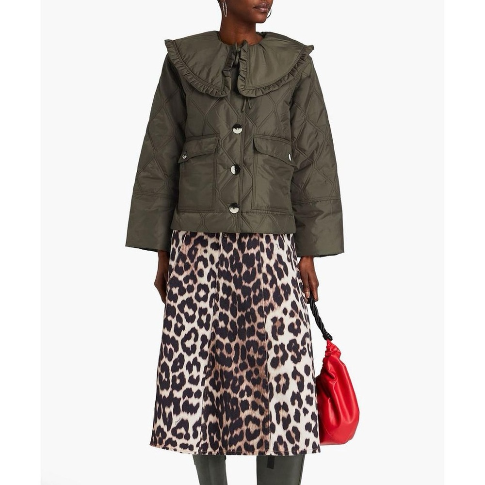 Ganni Green Ripstop Puffer Coat with Removable Collar